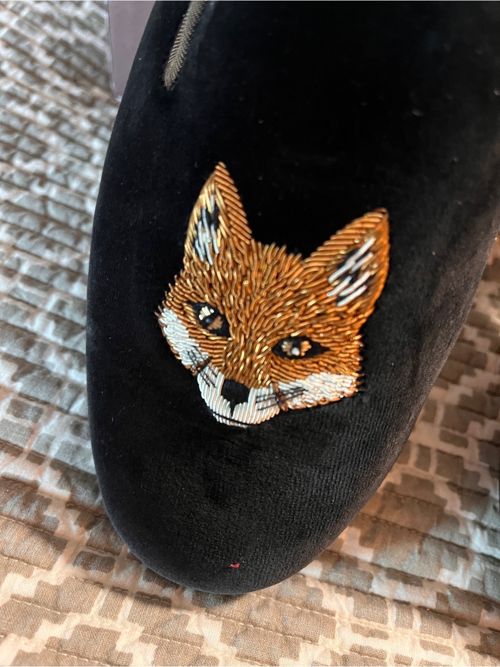Stubbs & Wootton Men’s Black Velvet Fox-Embroidered Smoking Slippers - Picture 2 of 11